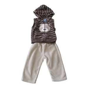 Carters 2 Pc Hooded Vest Pants Outfit Boys Size 6-9M Tan Brown Striped Bear‎